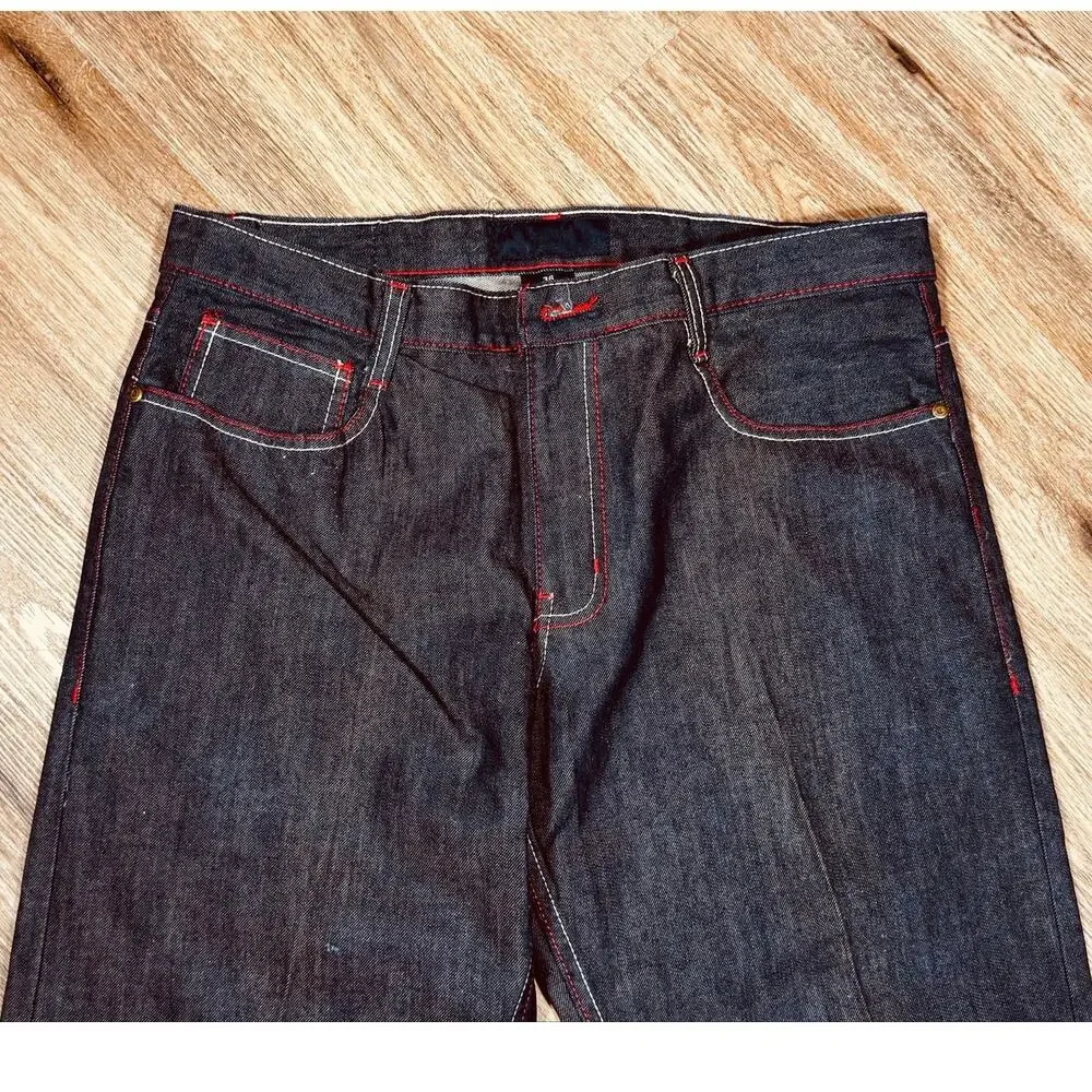 Q by Qruel Y2K Dark Wash Designer Jeans Red White Contrast Stitch  36x33
